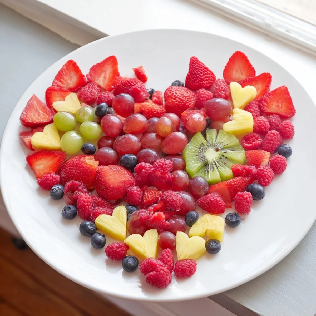 This colorful Sweetheart Fruit Board features juicy watermelon hearts near creamy yogurt for dipping.