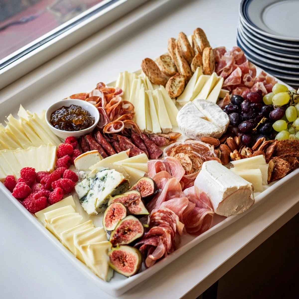 Lace & Pearls elegant board with artisan cheeses, fresh fruit, and charcuterie, ready to serve.