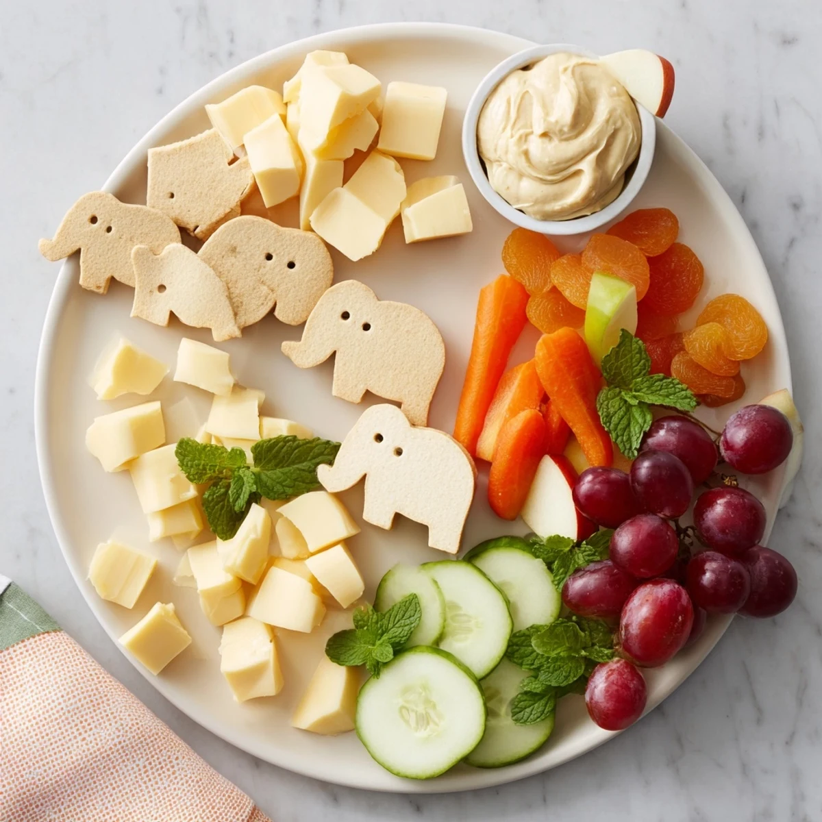 Enjoy the playful spread of an Elephant Cracker Board, with crackers, cubes of cheese, and various vibrant fruits.