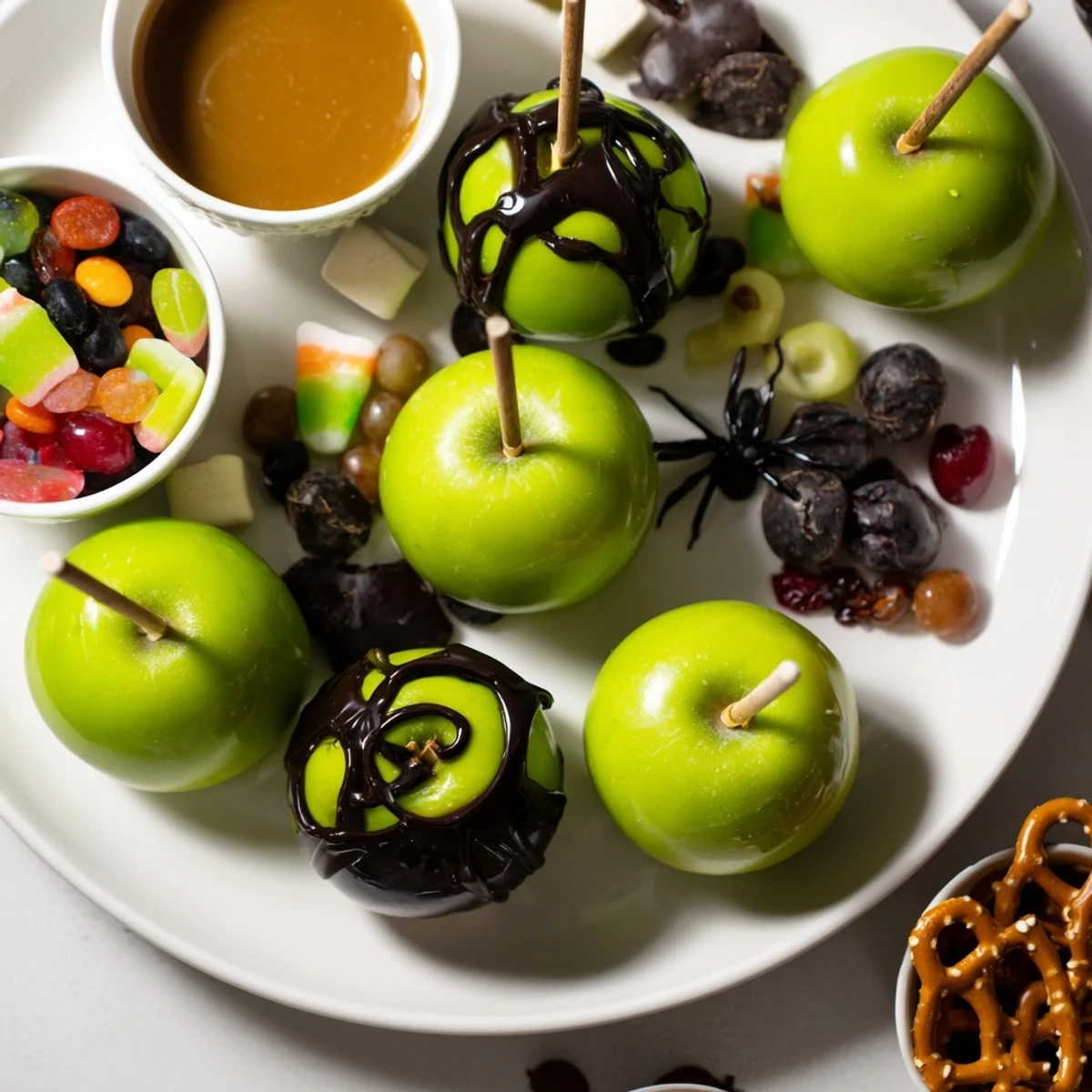 A close-up of shiny black Poison Apples ready to be enjoyed on this Halloween treat board.