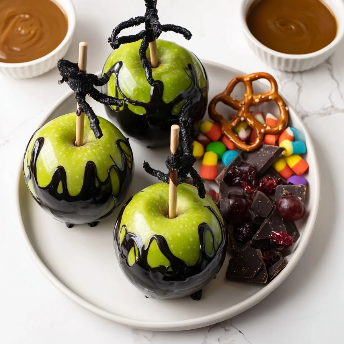 Festive Poison Apples surrounded by colorful Halloween treats for a delicious party spread.