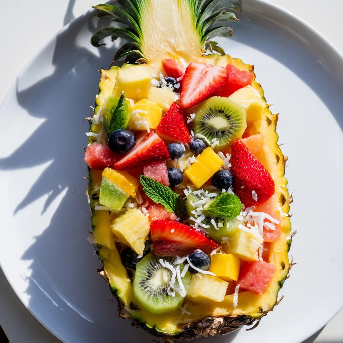 Vibrant Tropical Bliss Pineapple Fruit Boats overflowing with colorful fruit, ready for a sunny treat.