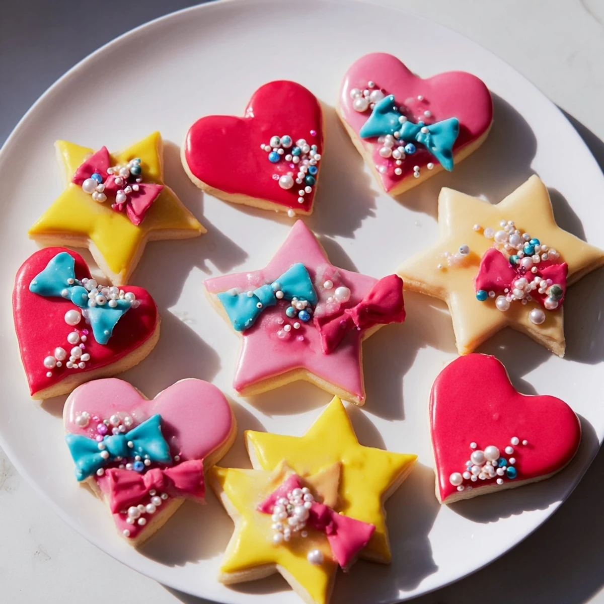 Vibrant Pretty Bows Heart & Star Cookies, freshly baked, with festive icing bows and colorful sprinkles.