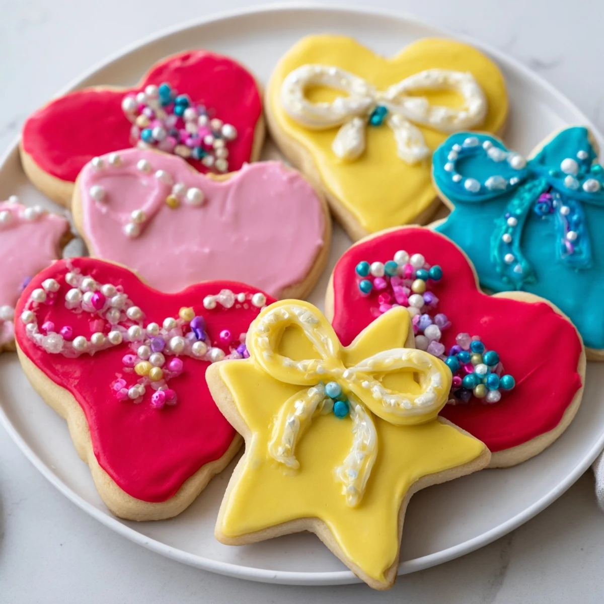 Decorated Pretty Bows Heart & Star Cookies, ready to eat, are a colorful and sweet dessert for any celebration.