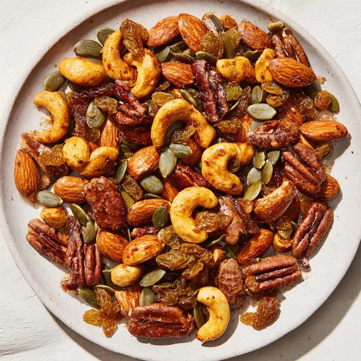 Close-up of the cinnamon-spiced Nutty Nosh, showcasing roasted nuts and colorful dried fruits.
