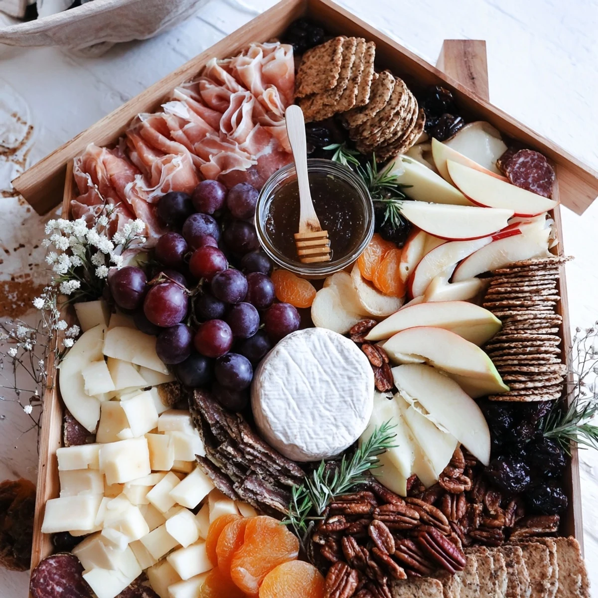 A beautifully arranged Sweet Home Charcuterie Board complete with all the delicious components for an easy appetizer.
