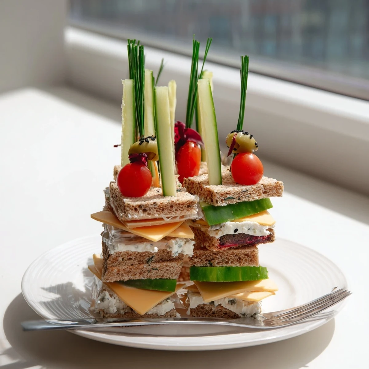 Urban Skyscraper Appetizers: A colorful platter of stacked flavors, perfect for a party.