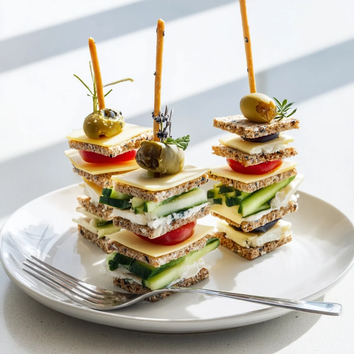 Enjoy these Urban Skyscraper Appetizers: savory stacks with fresh vegetables and creamy cheeses.