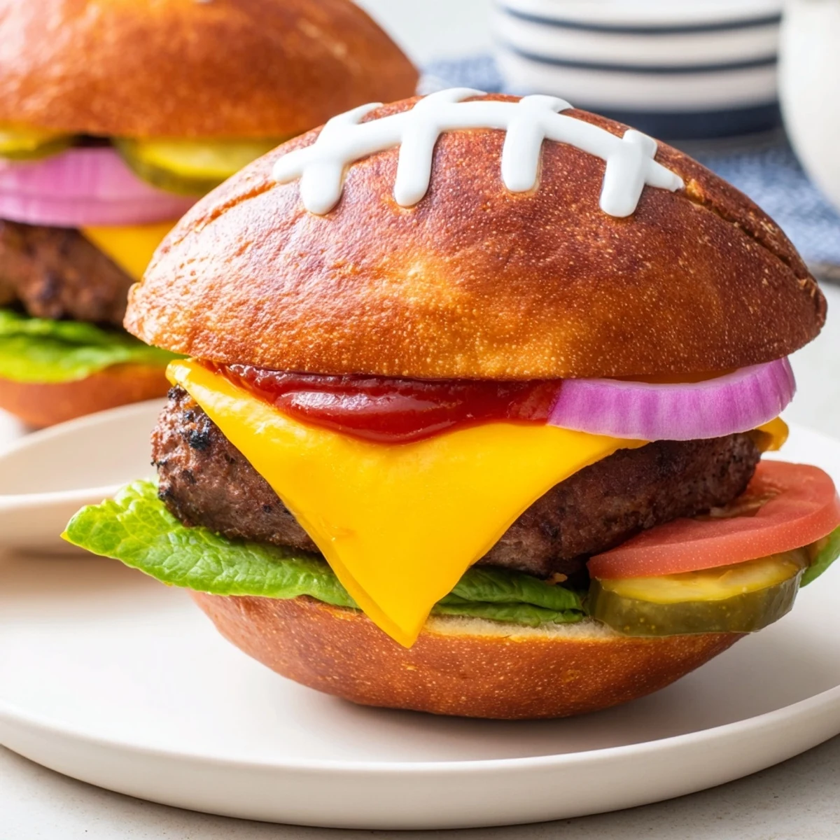 American Football Oval Burger Platter, featuring perfectly grilled mini burgers on a game day spread.
