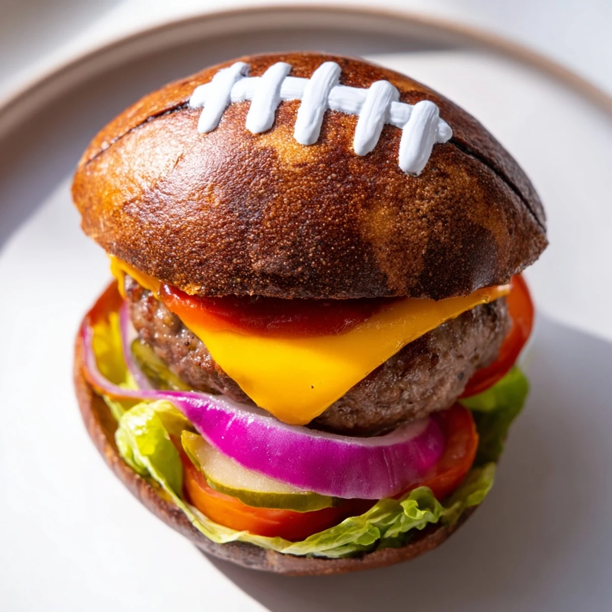 Savory American Football Oval Burger Platter: Oval mini burgers topped with melted cheese, lettuce, and tomato.