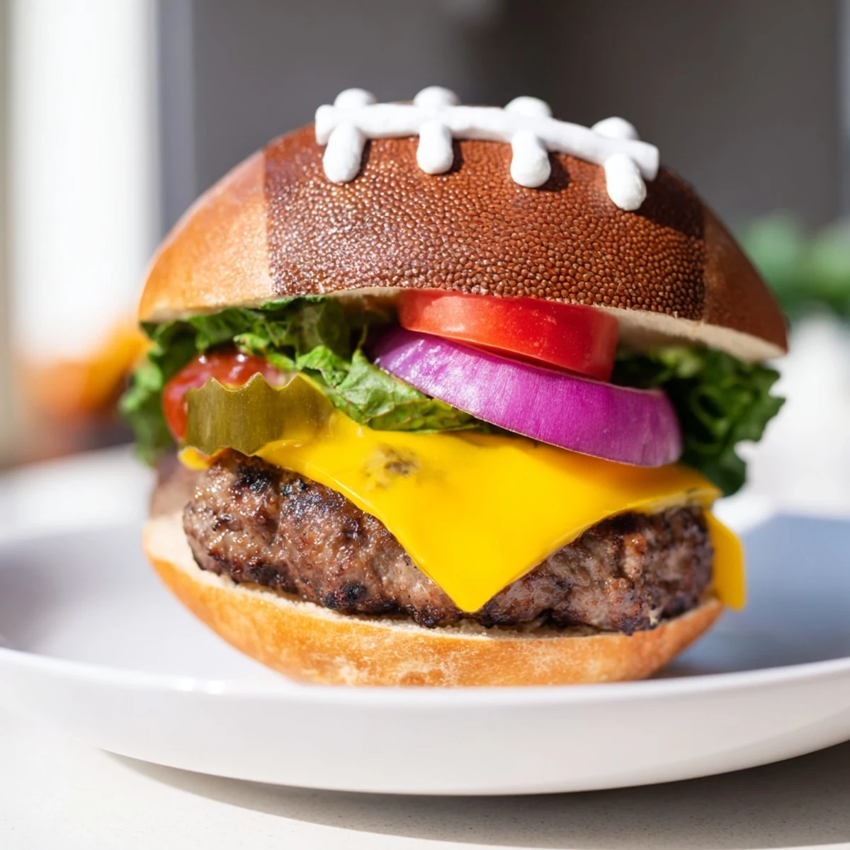 Homemade American Football Oval Burger Platter, a close-up of burger buns piped with cream cheese laces.