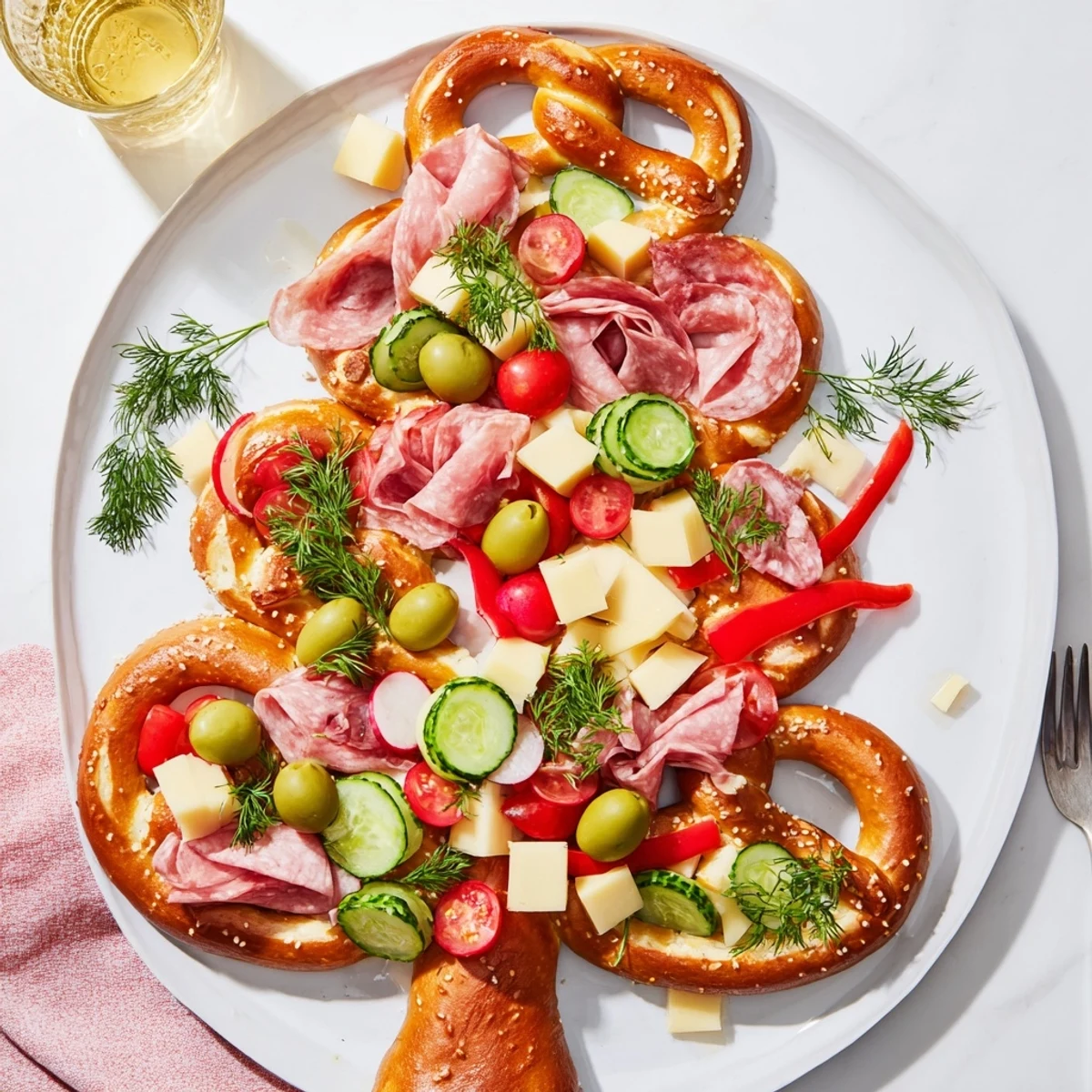 A visually stunning Bretzel Arbre de Vie platter, showcasing a festive arrangement of pretzels and savory bites.