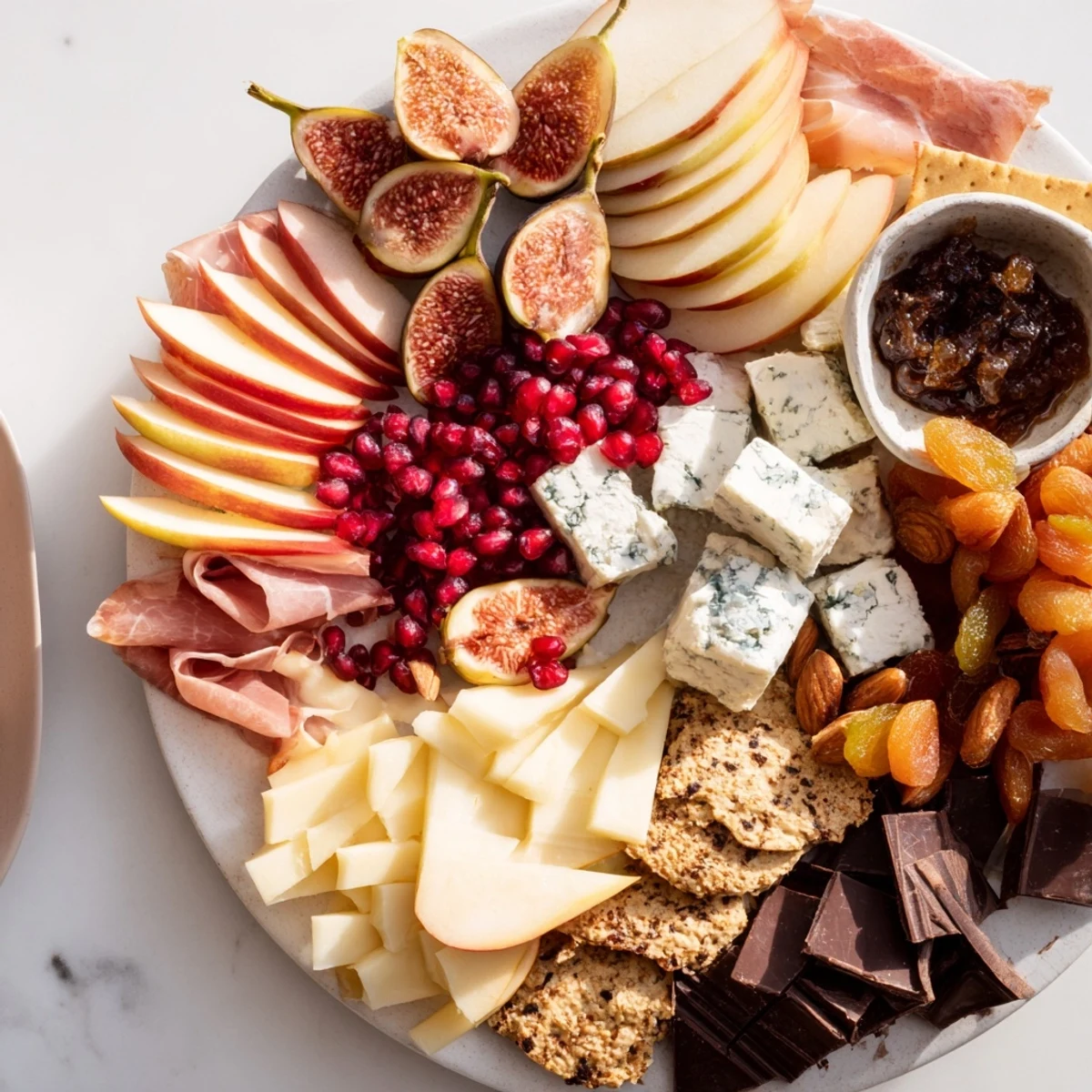 Moments Magiques Plateau Bonne Année 2026: A beautifully arranged French appetizer platter with artisan cheeses and fruits.