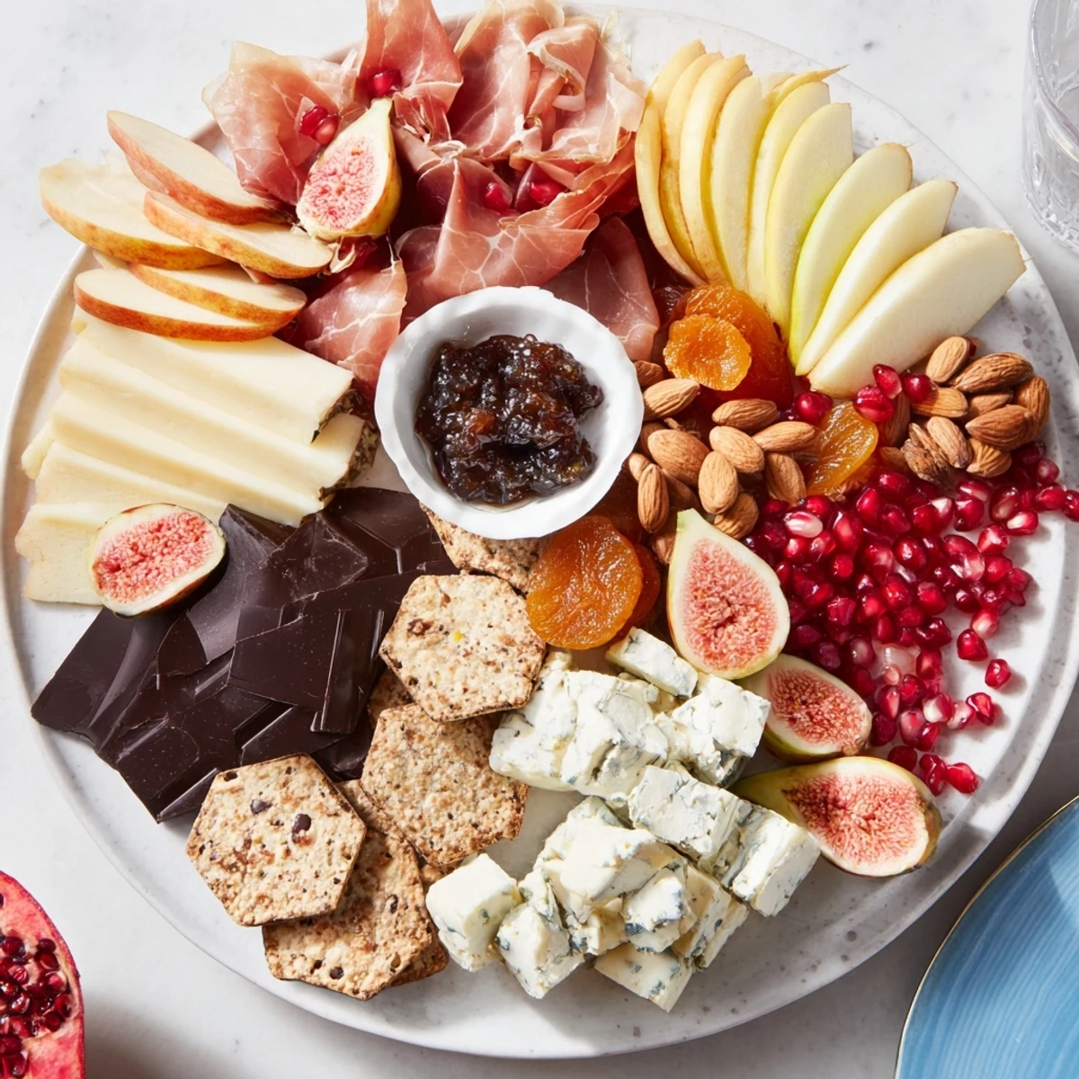 Enjoy festive Moments Magiques Plateau Bonne Année 2026 with an assortment of meats, cheeses, and grapes for a New Year's treat.