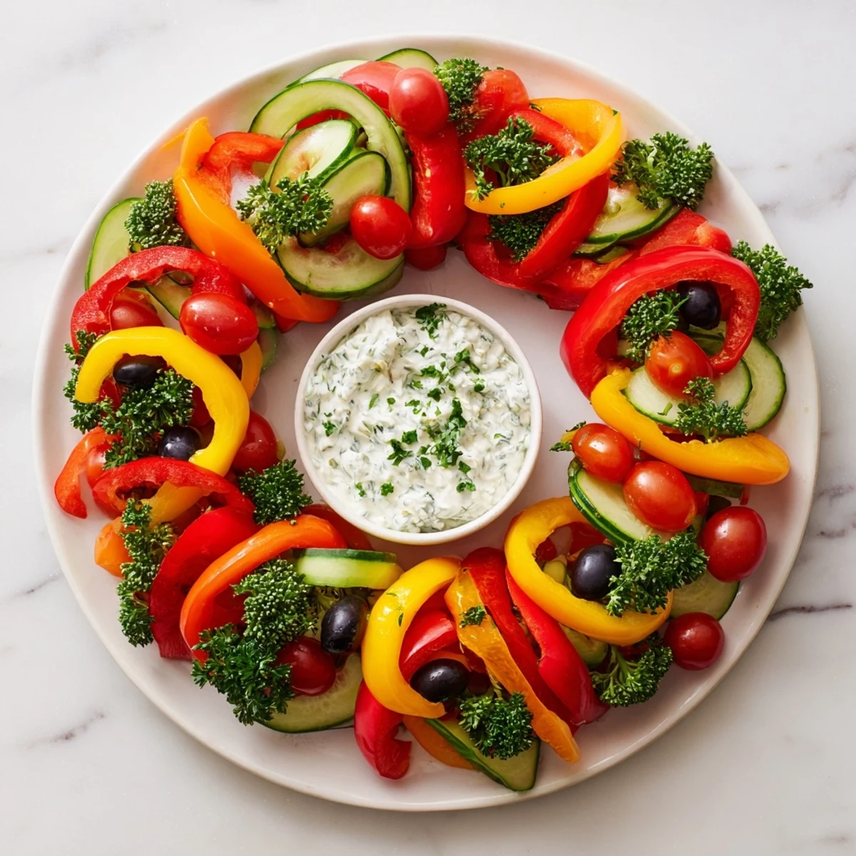 Freshly prepared, a cheerful display of festive bell pepper wreath; a vegetarian appetizer ready to enjoy.