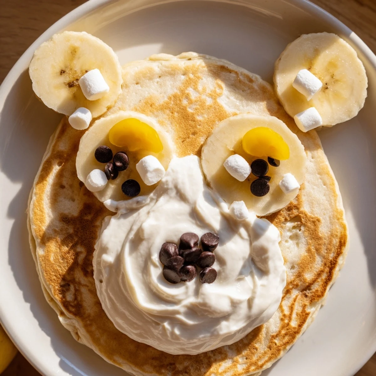 This polar bear pancake stack is garnished with fresh berries and rich maple syrup for a festive treat.