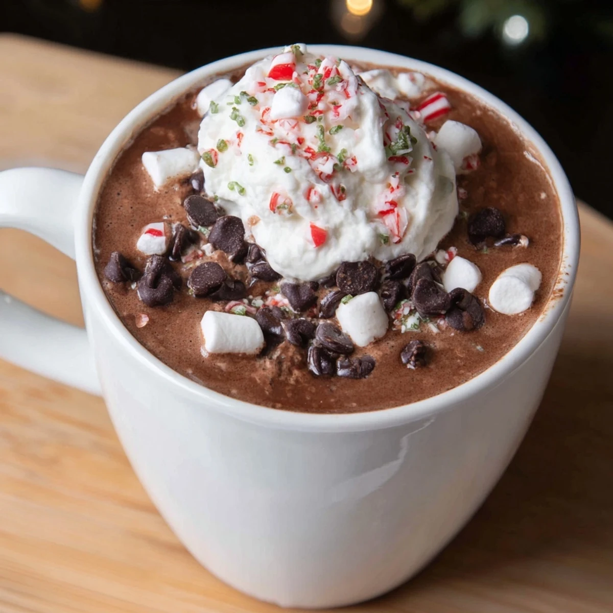 Rich, dark Reindeer Hot Cocoa with various toppings, inviting guests to create their perfect festive drink.