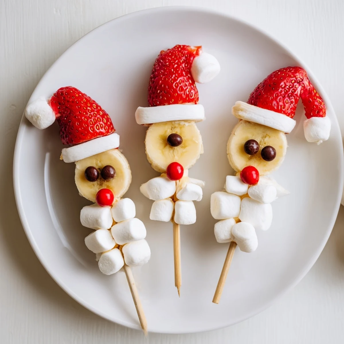 Sweet and healthy Banana Santa Snack Sticks: ripe banana "faces" topped with berry hats.