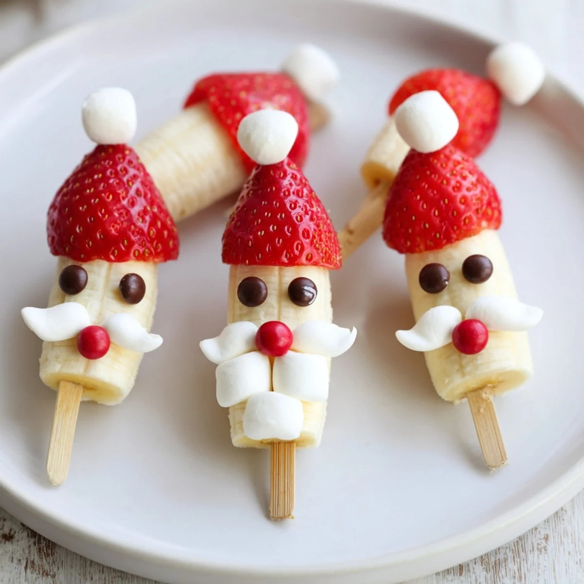 Close-up of festive Banana Santa Snack Sticks with strawberry hats and chocolate chip eyes!