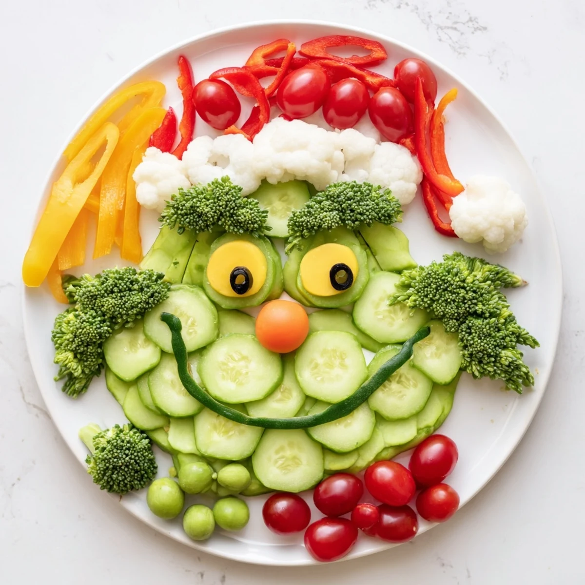 Savory Crudités Grinch Face veggie platter: a festive arrangement of colorful vegetables perfect for the holidays.