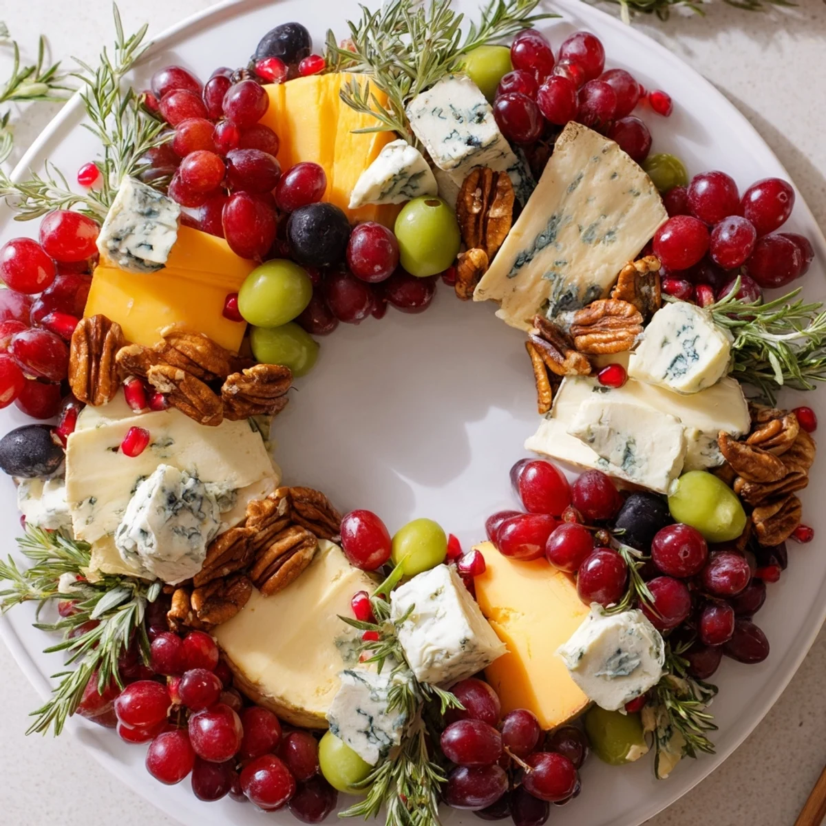 Festive Holiday Wreath Cheese Ring adorned with grapes, olives, and fresh rosemary sprigs, perfect for serving.