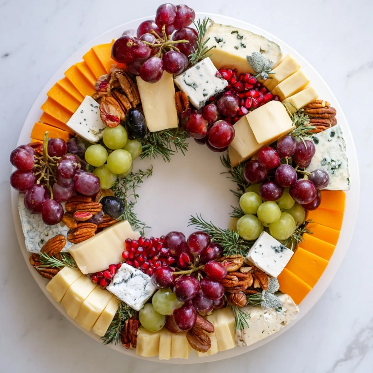 This cheesy and colorful Holiday Wreath Cheese Ring features cubed cheddar, Brie wedges, and tasty garnishes.