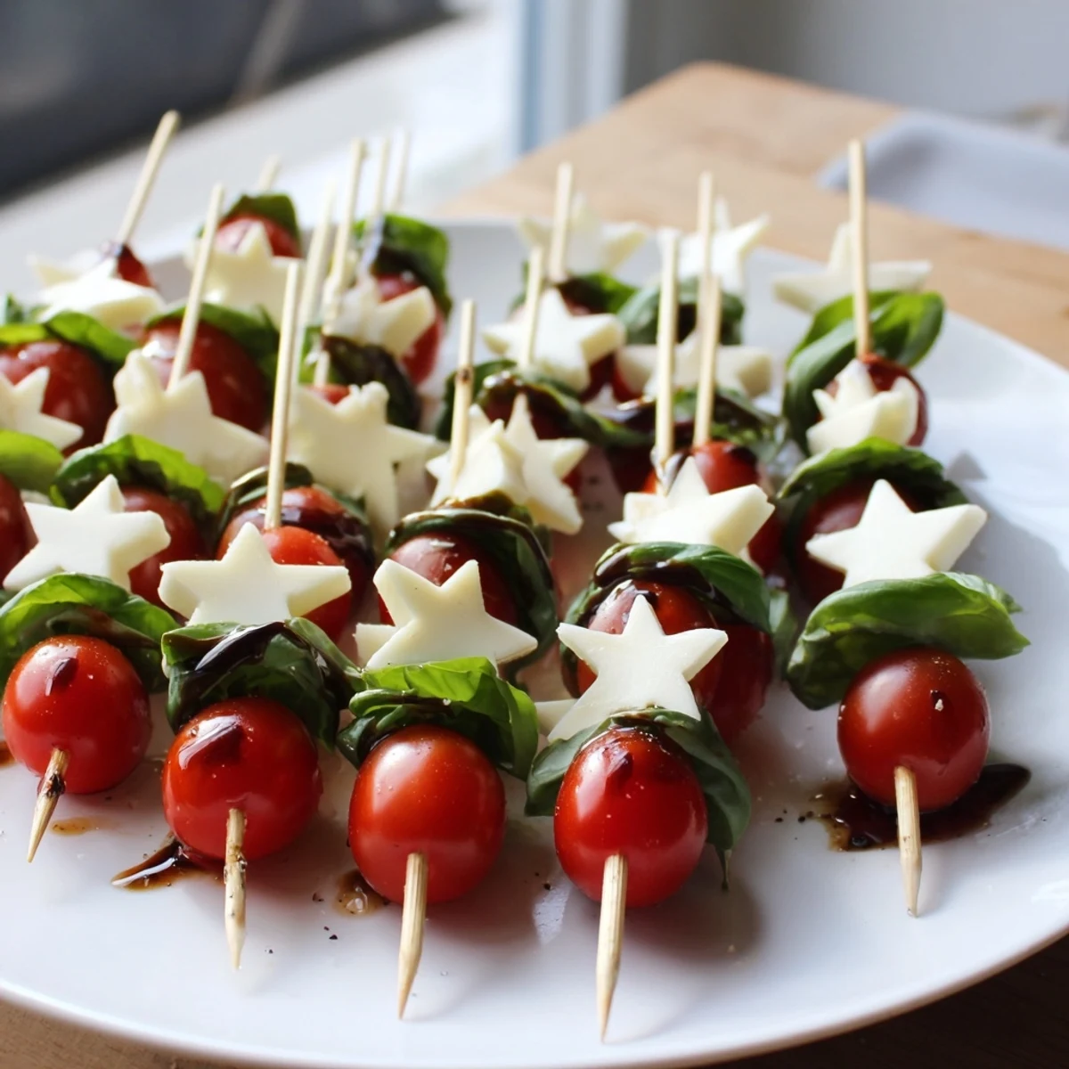 Imagine the refreshing taste: These Caprese skewers feature juicy tomatoes, basil, and cheese drizzled with balsamic glaze.