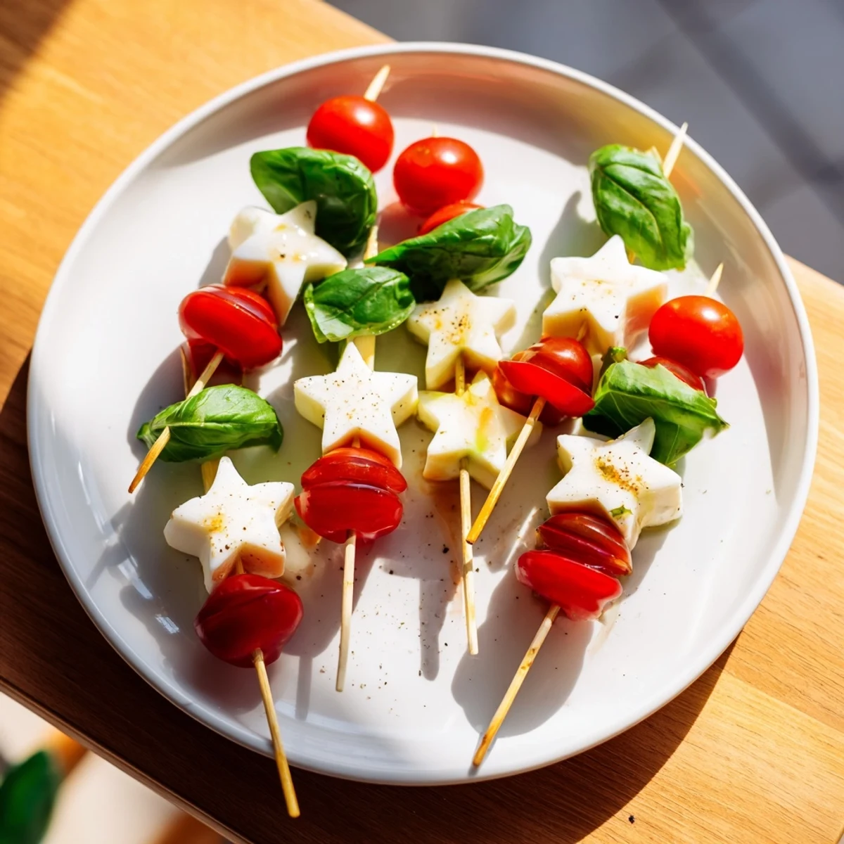 Fresh, star-shaped Caprese skewers with vibrant red tomatoes, creamy mozzarella, and fragrant basil are ready to serve.