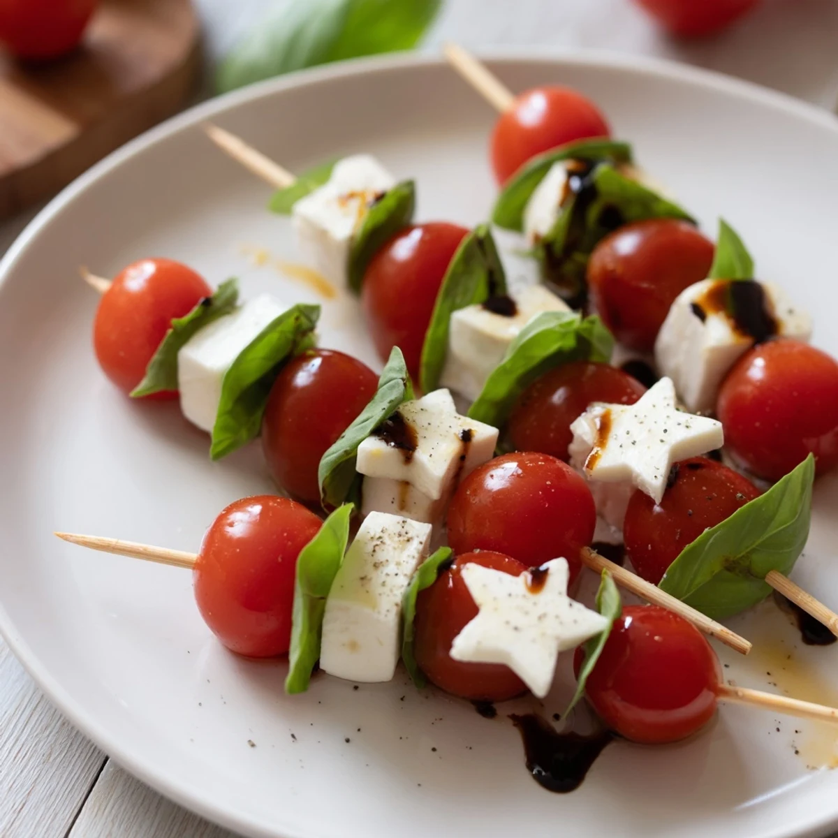 Beautiful star-shaped Caprese skewers: perfect for a party, featuring colorful tomatoes and creamy mozzarella.