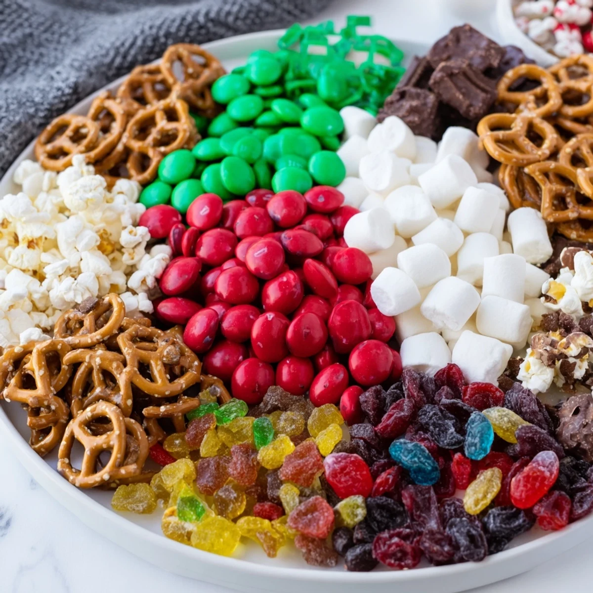 Festive Elf Snack Trail Mix Board brimming with colorful candies, pretzels, and dried fruits for easy snacking.