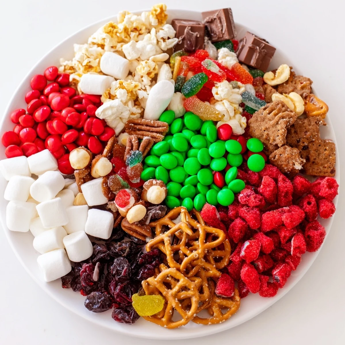 Imagine delicious Elf Snack Trail Mix Board; sweet and salty treats are arranged on a wooden platter for sharing.