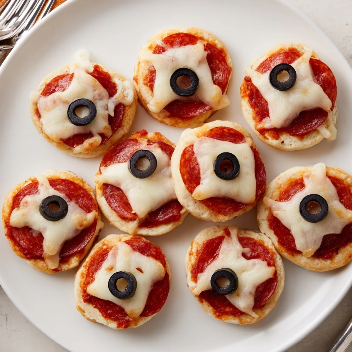 Santa Belt Mini Pizza Bites on a baking sheet, oozing melted cheese and pepperoni belts for a festive snack.