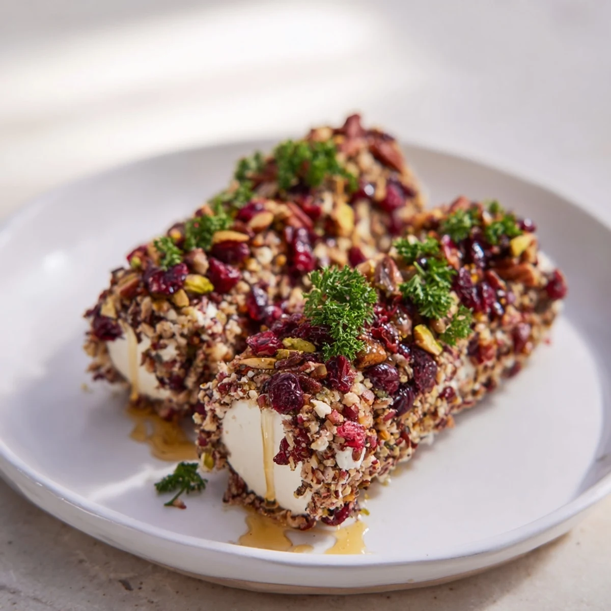 Festive Cranberry Goat Cheese Logs, creamy cheese rolled in sweet cranberries and nuts, ready to serve on a board.