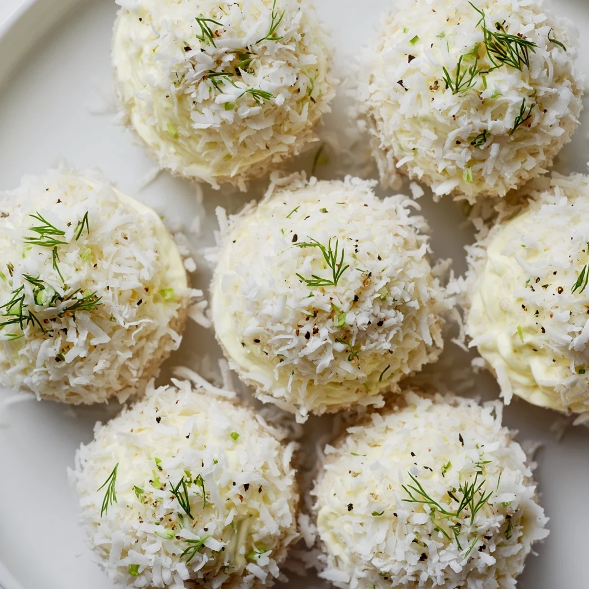 Snowball Tea Sandwich Bites, small rounds coated in coconut, ready for a winter tea party.