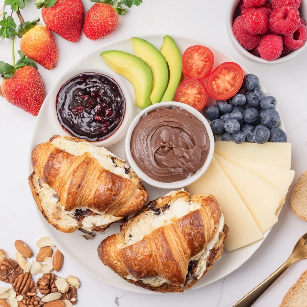 Warm, flaky croissants with a cozy fireplace croissant board, perfect for sharing and dipping.