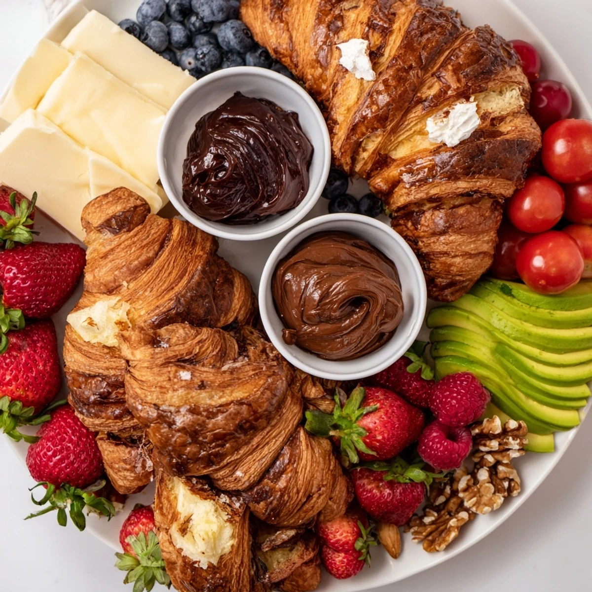 Indulge in this delicious cozy fireplace croissant board, offering a delightful mix of sweet and savory tastes.