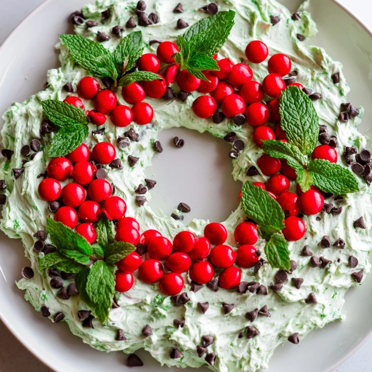 Festive Mint Chocolate Chip Dip Wreath, swirled with green, topped with red candies, served with cookies.