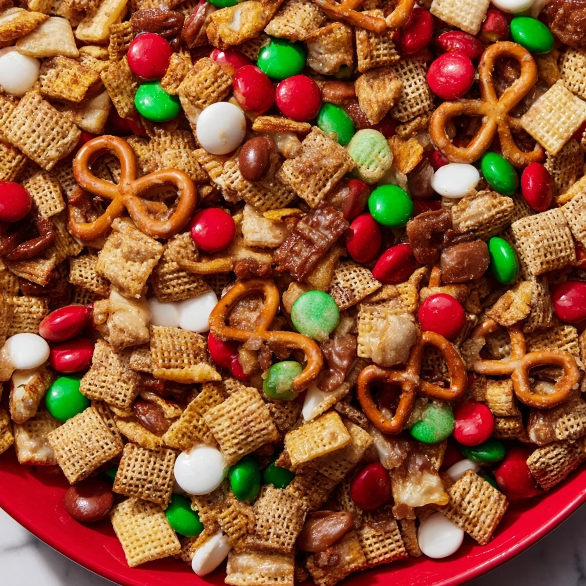 A vibrant bowl of holiday mix, a sweet and salty snack perfect for your holiday gatherings.