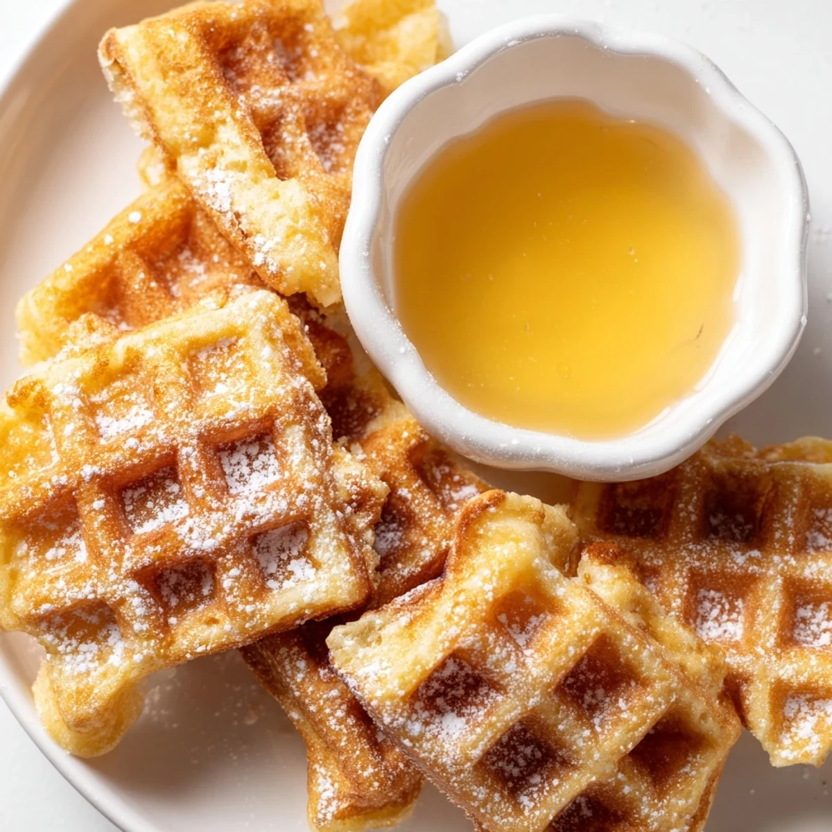 Golden, crispy waffle quarters ready for dipping in warm maple syrup alongside the serving bowl.