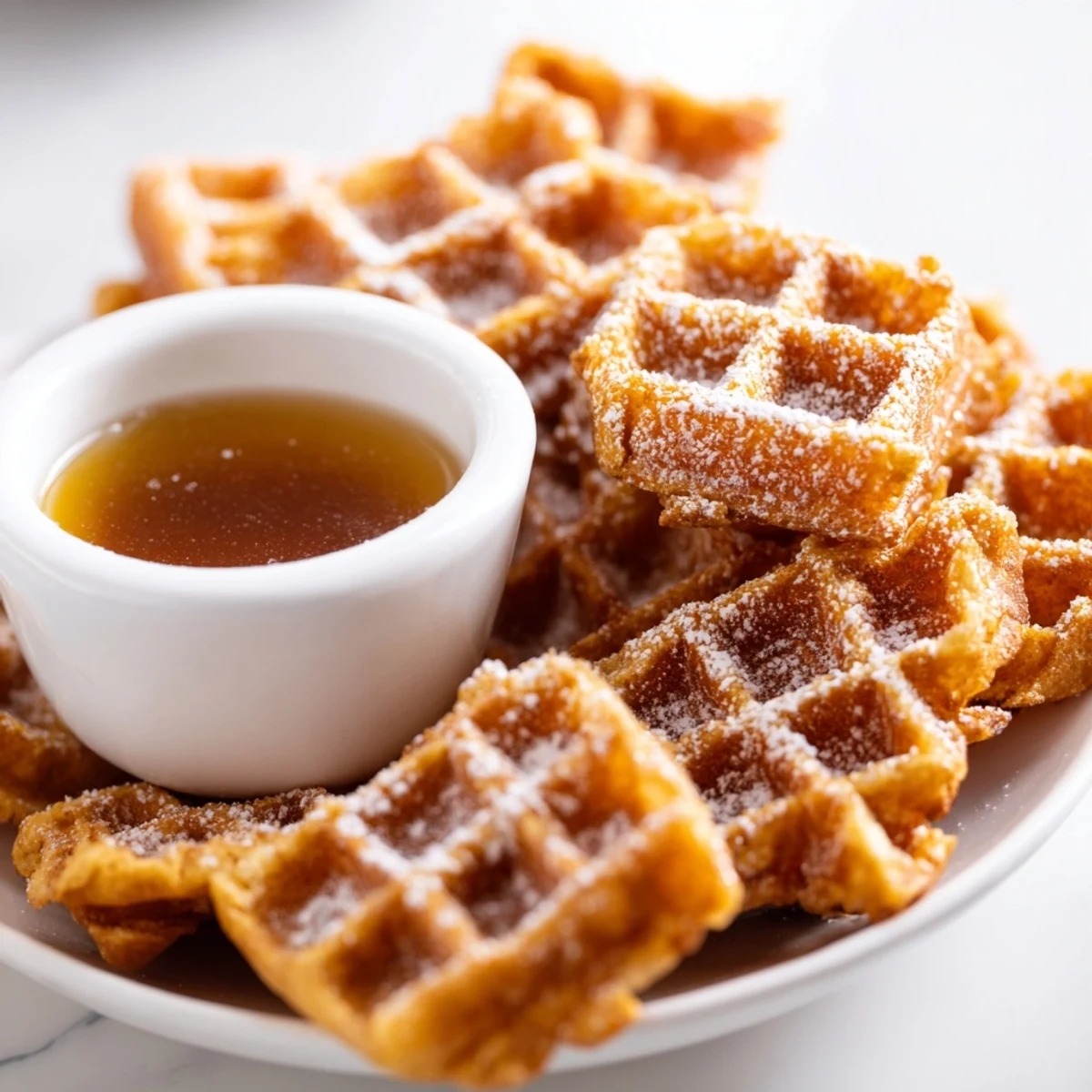 Close-up of toasted waffle quarters with fresh berries, all ready for a fun syrup-dip breakfast treat.