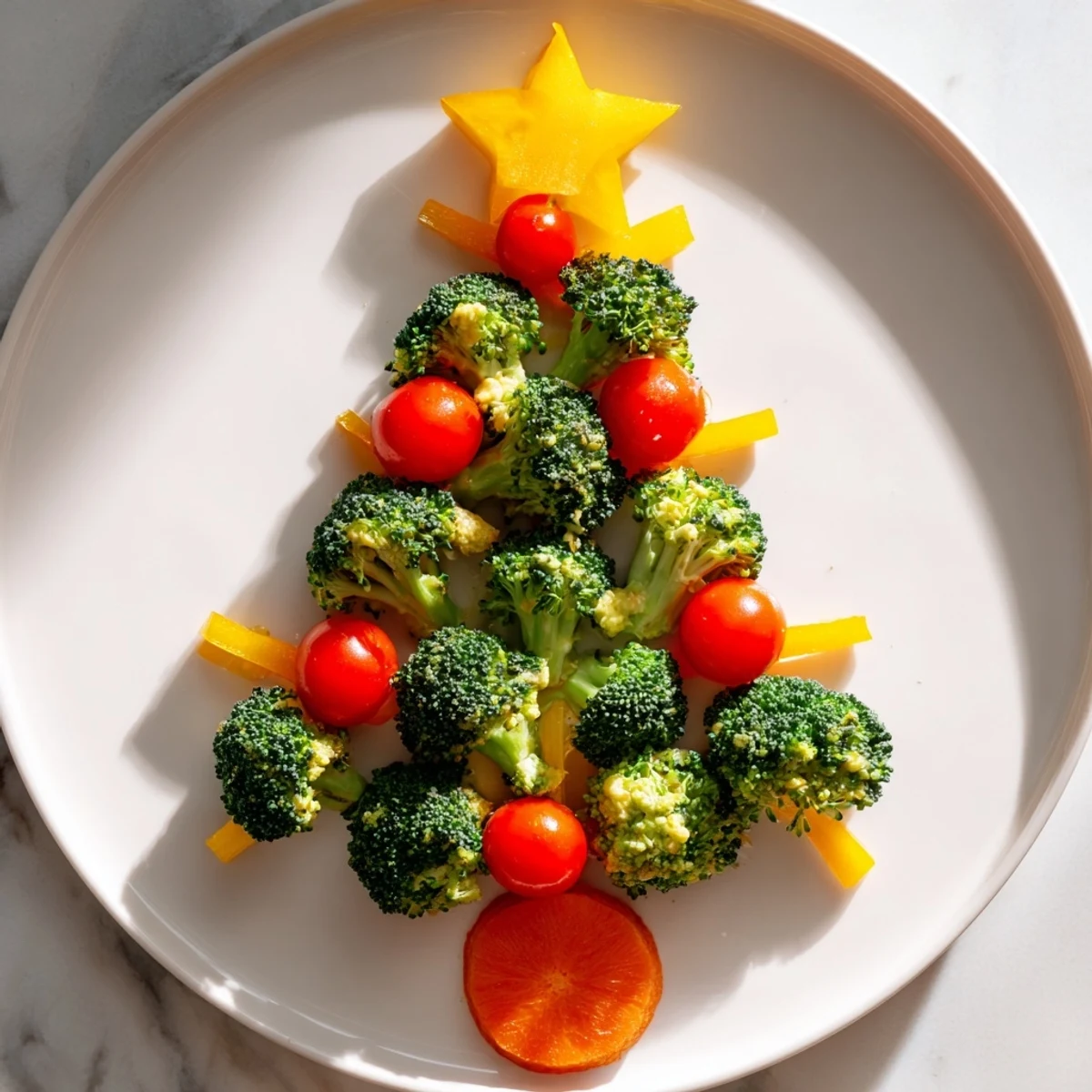 Festive Broccoli Tree with Cherry Tomato ornaments, showcasing a vibrant, healthy appetizer ready to serve.