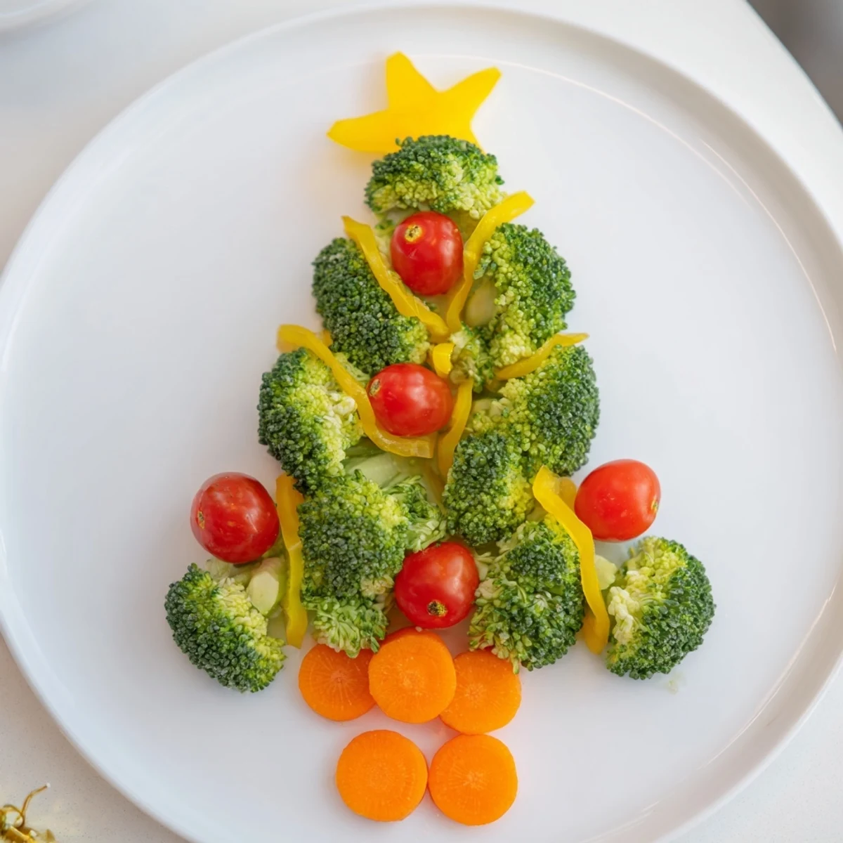 Fresh Broccoli Tree featuring bright red cherry tomatoes for a delicious and visually appealing holiday snack.