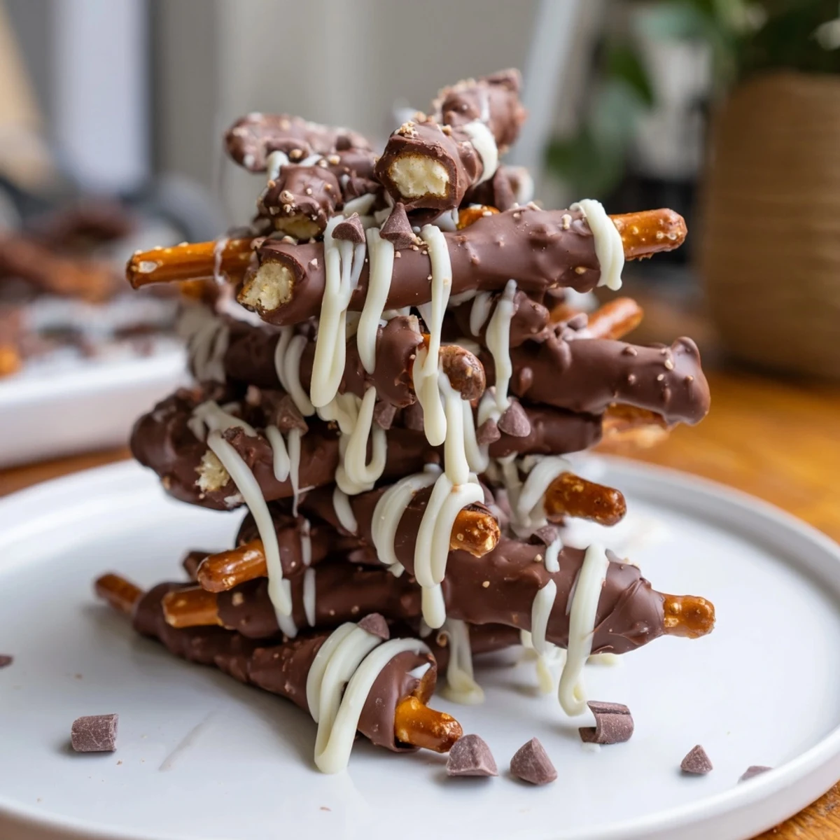 Crispy chocolate covered pretzel stick stacks, drizzled with white chocolate and ready to eat.