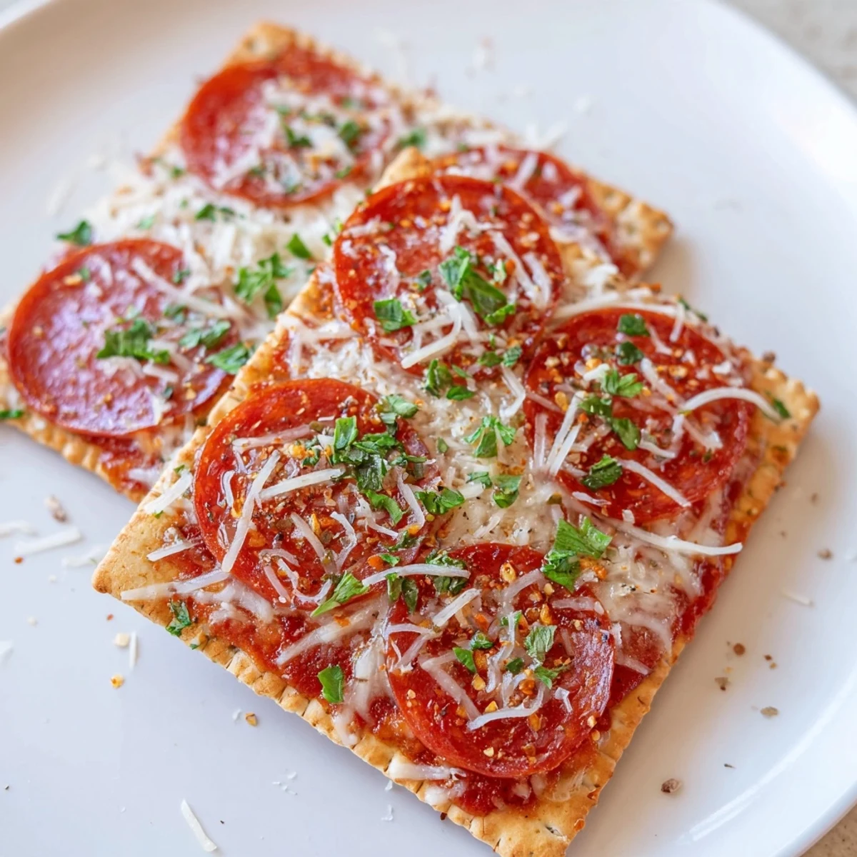 Savory bites of pepperoni stacked on crackers with melted cheese, a simple appetizer.