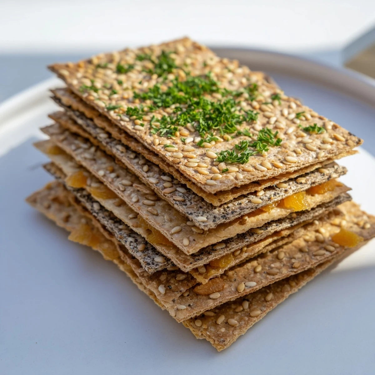 A layered fan of Gourmet Crackers ready to serve alongside cheeses, nuts, and dried fruit snacks.