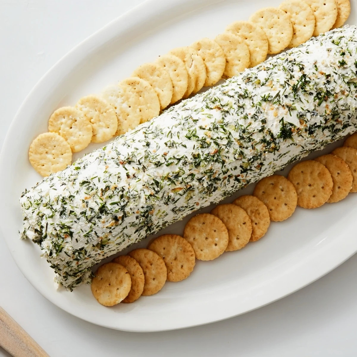 Herb-Coated Cheese Log with vibrant green herbs and a delightful ring of crackers surrounding it.