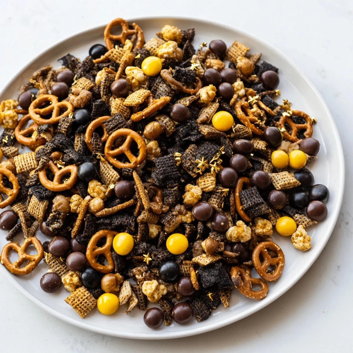 This Gold and Black Midnight Snack Mix offers a crunchy, savory-sweet flavor profile, perfect for sharing.