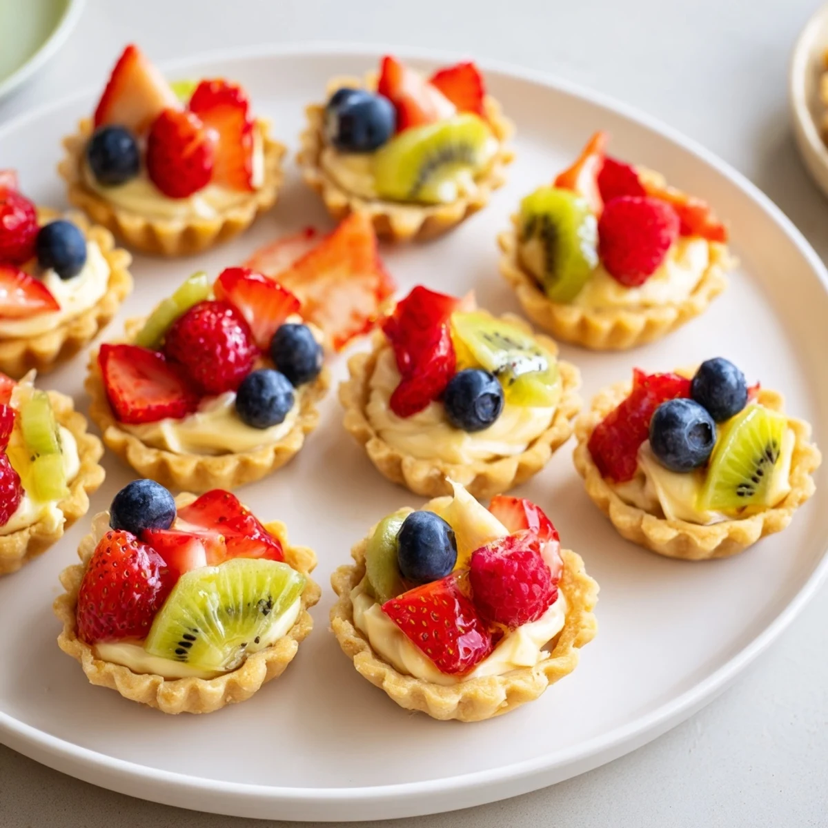 Mini Fruit Tartlets arranged in a circle, showcasing vibrant berries and kiwi atop creamy pastry filling.