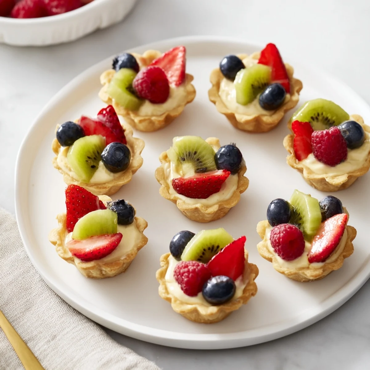 A beautiful circle of Mini Fruit Tartlets: the crisp pastry shells hold fresh fruit and sweet cream.