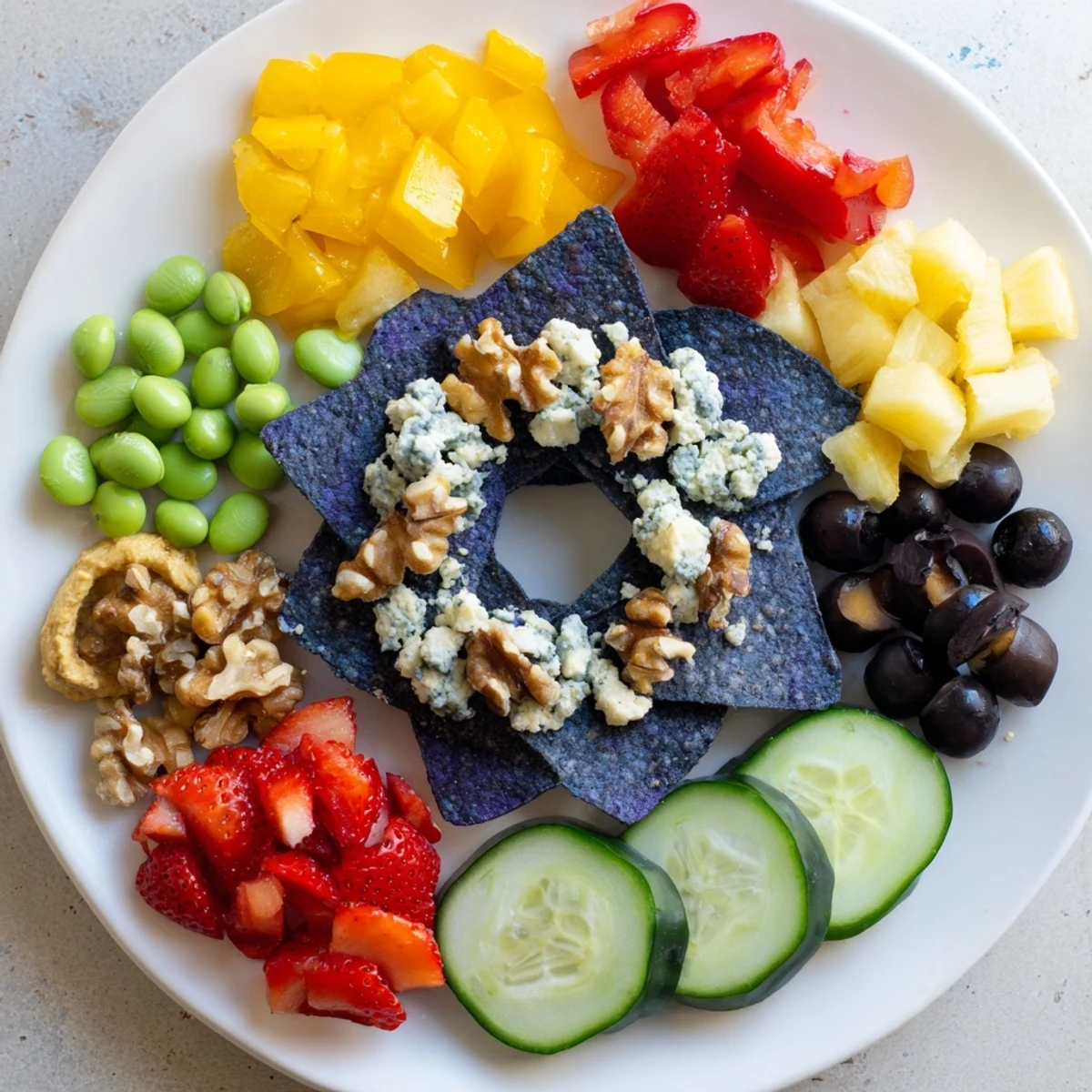 The colorful Olympic Rings Interlock appetizer platter, a vibrant party food with fresh ingredients.
